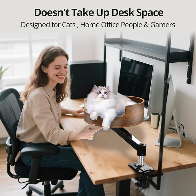 Cat Desk Bed Wood,Desk Cat Bed with 26lbs Strong Load-Bearing,Cats Bed for Desk 360° Adjustable Elevated & Thick Metal Stand,Stable and Safe,Suits Home Office and Gamer Closer to Cats-Walnut Finish