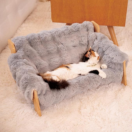 Elevated Cat Couch Bed for Indoor, Wooden Cats Sofa with Washable Fluffy Cover Raised Kitty Lounge Chair Suitable for Puppy(Cat Sofa Grey)