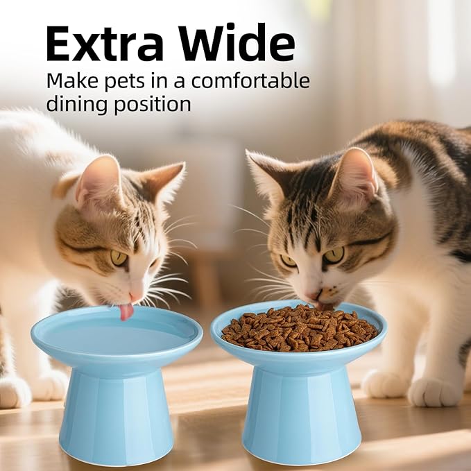 6.2 Inch Extra Wide Elevated Ceramic Cat Bowls, Food and Water Bowl Set for Elder Big Cats Small Dogs, Raised Design for Pet Easy Eating, Protect Cat's Spine Set of 2(Blue)