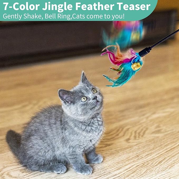 Cat Feather Toys, Cat Toy with Elastic Turkey Feathers, Interactive Teaser Wand with Bell, Durable Flexible Rod for Playful Kittens and Cats, Indoor Entertainment for Pets (1.64")