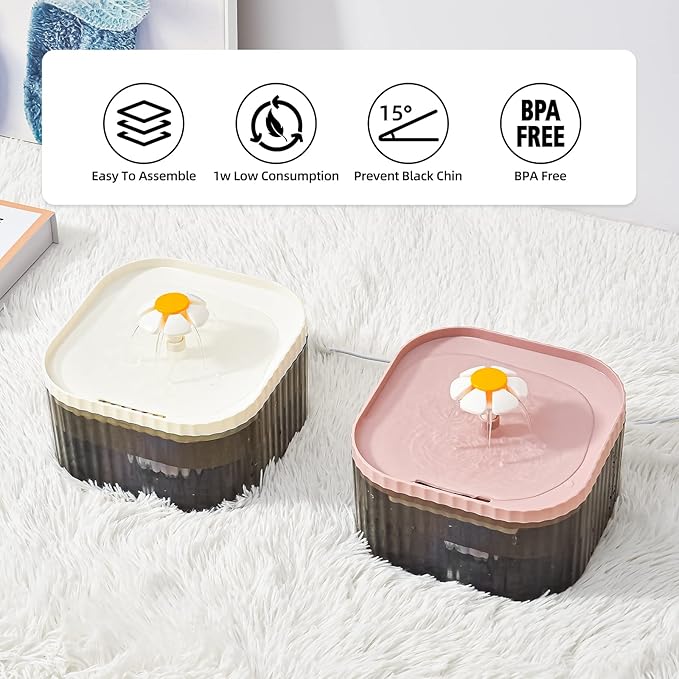 85oz/2.5L Cat Water Fountain, Ultra Quiet Pet Water Dispenser with Smart Pump and 3 Replacement Filters, Automatic Flower Fountain for Dog & Cat (Pink)