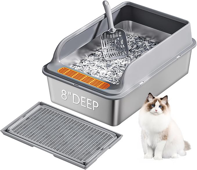 Stainless Steel Cat Litter Box for Multi-Cat Homes - High-Sided Anti-Leak Design,Large Cat Toilet, Non-Stick Surface, Odorless & Easy Clean, Durable with Litter Mat & Scoop