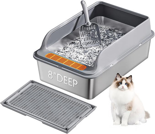 Stainless Steel Cat Litter Box for Multi-Cat Homes - High-Sided Anti-Leak Design,Large Cat Toilet, Non-Stick Surface, Odorless & Easy Clean, Durable with Litter Mat & Scoop