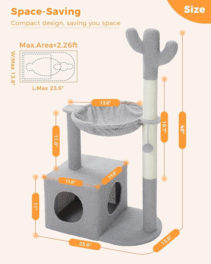 Cactus Cat Tree Cat Scratching Post 40" Cat Tower with Large Metal Carpet Hammock, Cat Scratching Post for Indoor Cats with Condo& Dangling Ball, Grey