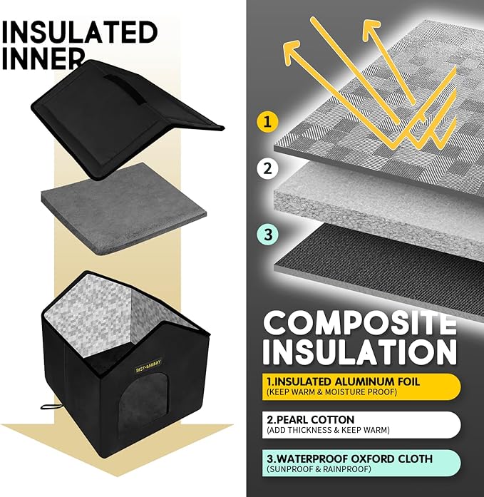 Rest-Eazzzy Cat House for Outdoor Cats, Weatherproof and Insulated Feral Cat House with Mat and Canopy, Easy to Put Together, Selfwarming Cat Shelter for Winter(13 * 13 * 14" Black with Support)