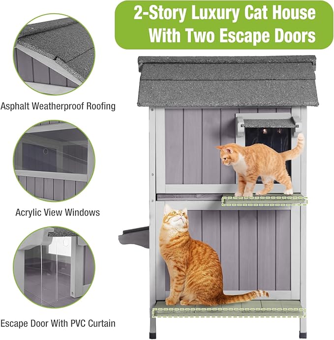 GUTINNEEN Outdoor Cat House Weatherproof Feral Cat Shelter with Escape Doors - 2-Story(AIR94)