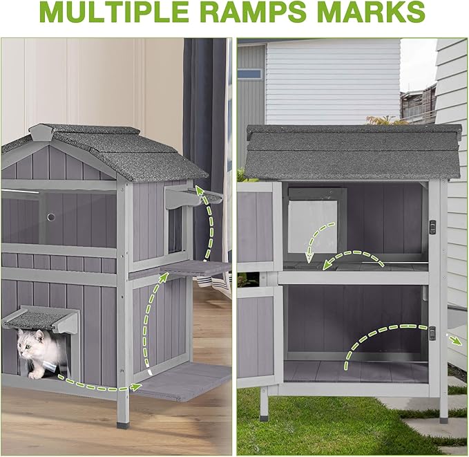 GUTINNEEN Cat House Outdoor Weatherproof Feral Cat Shelter with Removable Floor, 2-Story Wooden Kitty House with Escape Doors and Window