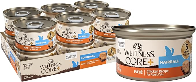 Wellness CORE+ Hairball Pate Adult Wet Cat Food, Natural, Protein-Rich, Grain Free, 2.8 Ounce, 12 Pack (Chicken)