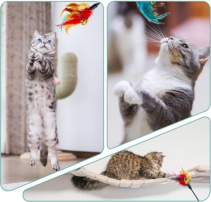 Cat Feather Toys, Cat Toy with Elastic Turkey Feathers, Interactive Teaser Wand with Bell, Durable Flexible Rod for Playful Kittens and Cats, Indoor Entertainment for Pets (1 Sets)