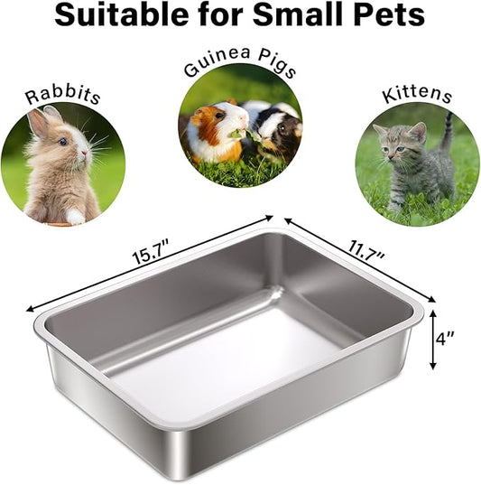 Stainless Steel Litter Box,15.7"×11.8"×4" Metal Cat Litter Box,Small Litterbox for Kitten,Rabbit,Guinea Pigs,Non Stick, No Smell, Easy to Clean