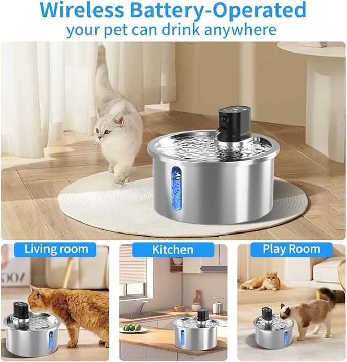 Wireless Cat Water Fountain Stainless Steel Automatic Pet Water Dispenser 4000mAh Battery Operated 3.2L/108oz Large Capacity Water Fountains for Cats Dogs