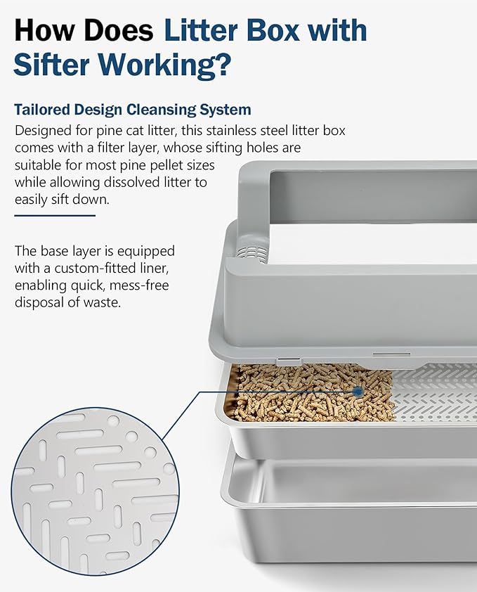 Stainless Steel Sifting Litter Box with Lid, Metal Litter Pan with Scoop for Big Cats Multi Cat, Extra Large Cats Litterbox Odor Control Easy Clean (24 * 16 * 12inch-with Enclosure, X-Large)