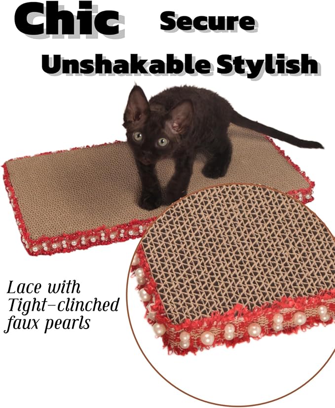 Classic Red Cat Scratch Pad, Stylish Boho Lace with Pearl Large Cardboard Cat Scratcher, Cat Scratchers for Indoor Cats, Durable Cat Scratching Board, Horizontal Scratch Pad for Cats