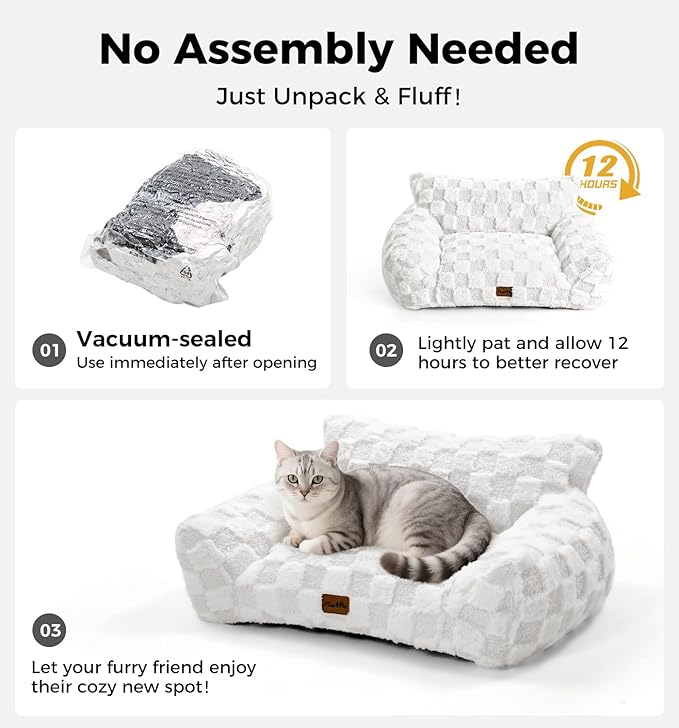 Made4Pets Cat Couch Bed, Soft Faux Fur Checkered Pet Sofa, Calming Fluffy Cat Sofa with Supportive Foam, Removable Washable Cover with Non-Slip Base, White, Small