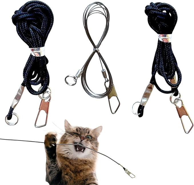 Replacement Strings for Cat Wand Toy - 3-Pieces - Chew-Proof Metal String Wire and 2 Durable Paracord Strings - Heavy Chewers Pack Cat Wand Toy Refill Strings (6 Replacement Strings)