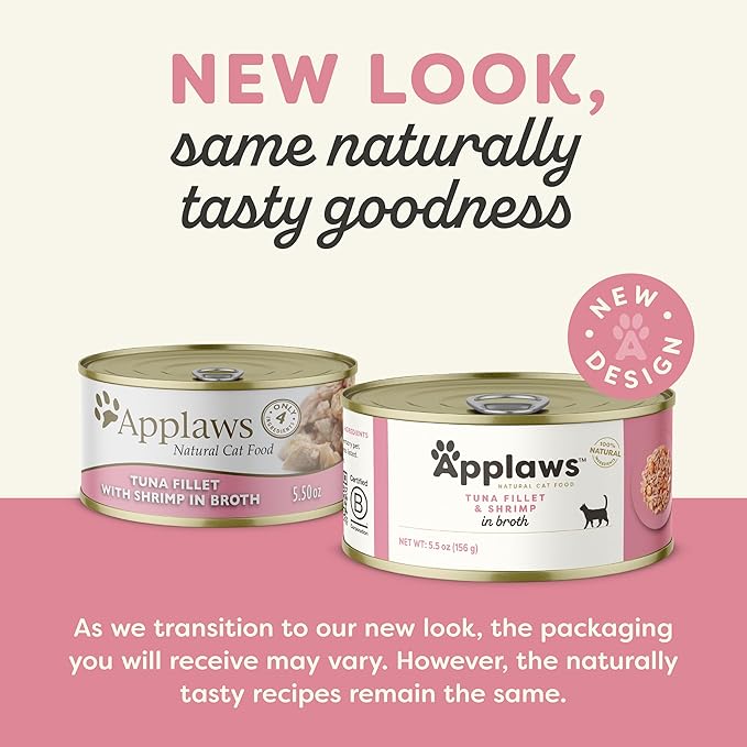 Applaws Natural Wet Cat Food in Broth, Limited Ingredient Canned Wet Cat Food, No Additives, Made with Natural Ingredients, Tuna Fillet & Shrimp in Broth (6 x 5.5oz Cans)