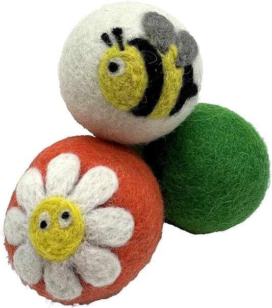 Hustle & Blush Wool Felt Balls 3 Pack Love Ewe Pet Supplies - 2in Cat Toys 100% New Zealand Wool, Handmade Colorful Balls for Cats - Flower and Bee