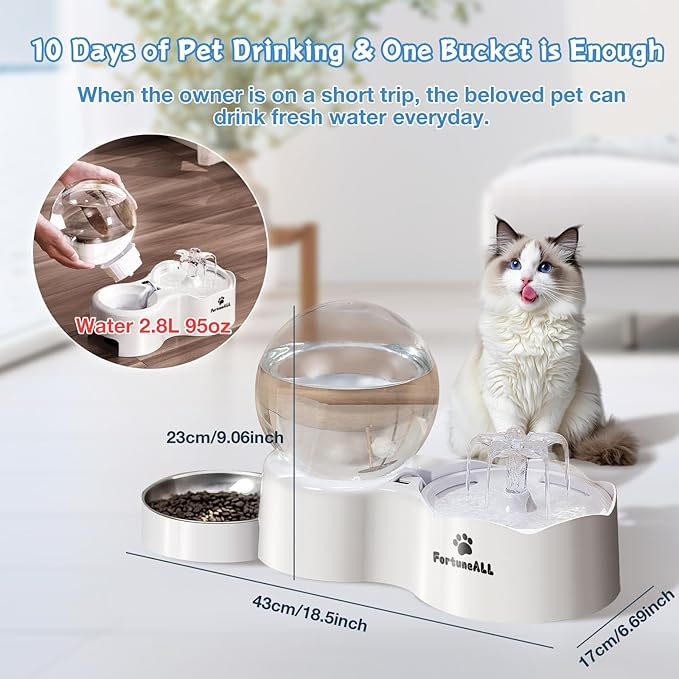 95oz/2.8L Pet Fountain 2 in 1 Set, Automatic Cat Water Fountain with Stainless Steel Feeding Tray, Cat Water Dispenser for Cats, Dogs, Quiet Anti-Dry Boil Water Pump, 3 Drinking Modes (White, WF180)