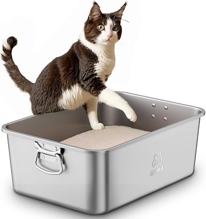 Stainless Steel Litter Box with Handle, Large Metal Cat Litter Box with High Sided for Big and Small Cats, Kitty Litter Boxes, Non-Stick, Easy to Clean, Odor-Free, Cat Toilet,Litterbox