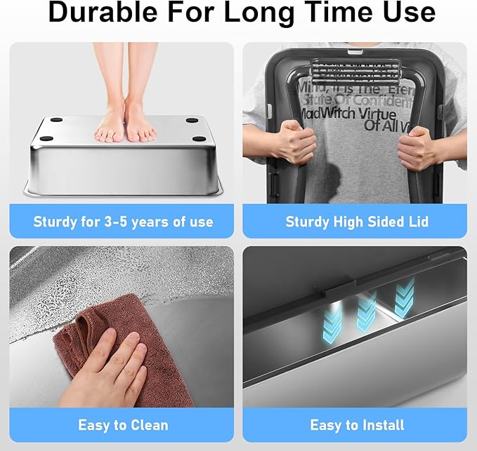 Marchul Stainless Steel Cat Litter Box with High Walls & Metal Scoop/Mat/Scoop Holder, XL Large for Multi-Cat Homes, Anti-Urine Leakage for Heavy Flow Cats