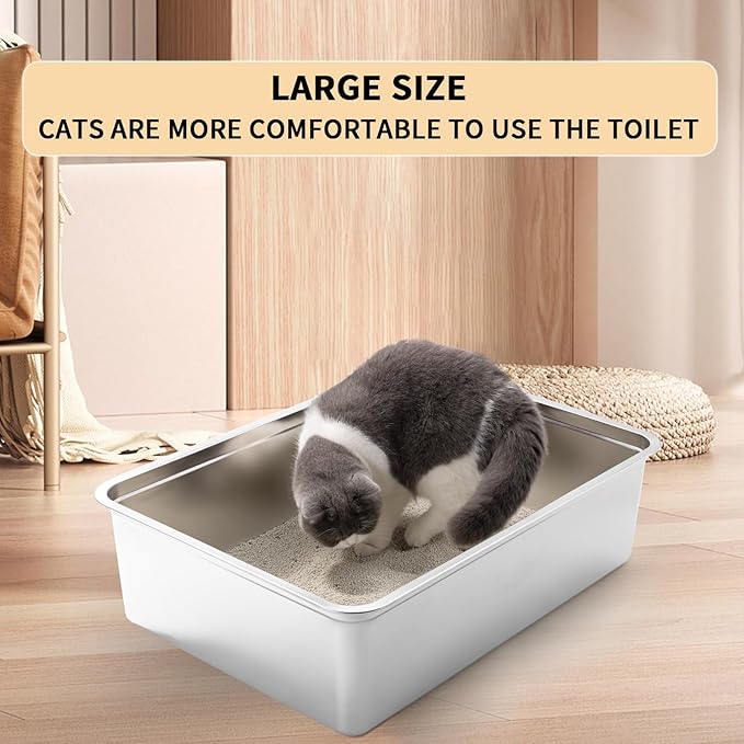 Yangbaga Extra Large Stainless Steel Litter Box, 28’’ x 20’’ x 8’’ Ultimate Metal Cat Litter Box with High Sides, Sturdy Long-Lasting Litter Pan with Anti-Slip Rubber Feet