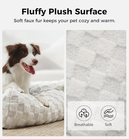 Made4Pets Cat and Dog Couch Bed, Soft Faux Fur Checkered Pet Sofa, Cozy Fluffy Pet Sofa with Supportive Foam, Removable Washable Cover with Non-Slip Base, White, Medium