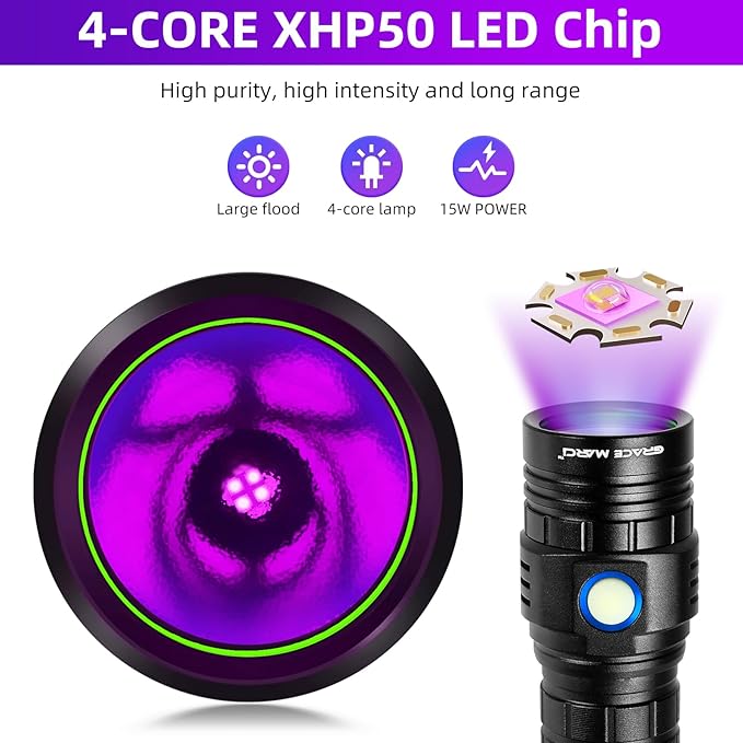 Rechargeable 365nm Black Light Flashlight, 50W Powerful Small UV Flashlight, Bed Bug UV Light, Pet Urine Detector for Dog/Cat Urine, Dry Stains, Bed Bug, Scorpion, Dry Pet Stains