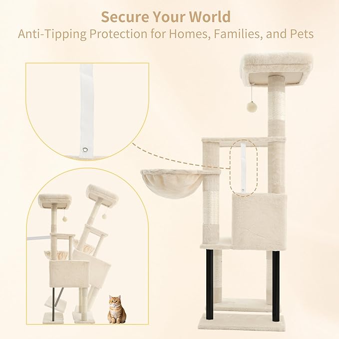 Heybly Cat Tree, 49.2 Inches Cat Tower for Indoor Cats, Spacious Cat House Condo with Hidden Space,Sturdy Steel Tube,Soft Plush Top Perch,Cozy Hammock and Sisal Scratching Posts, Beige HCT200SM
