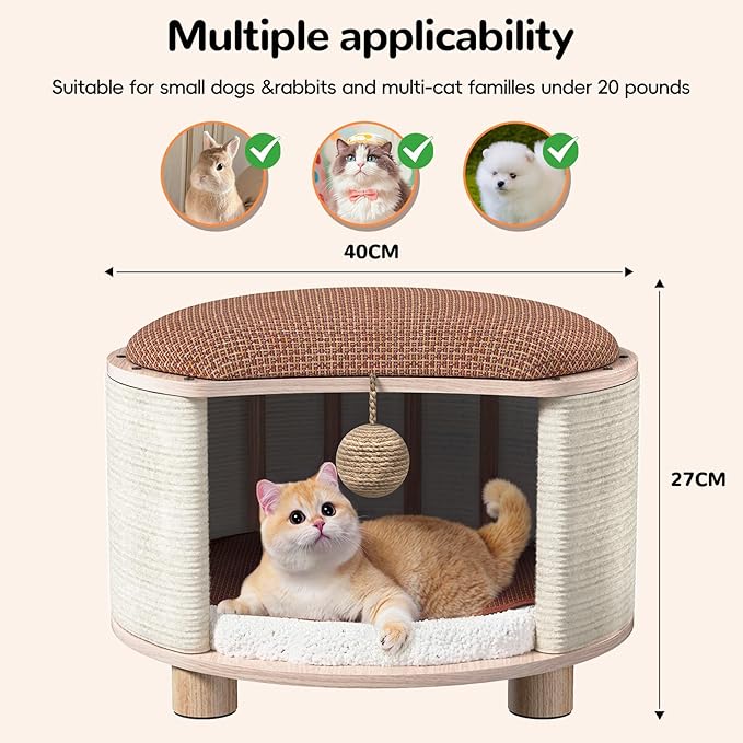 Solid Wood Cats House Stool, 300-lb Capacity. Large Cat Bed Cave for Indoor Cats & Humans. Cat Toy Ball, Removable Scratching Pad, Fleece Blanket. Suitable for Pets Under 20 lbs. 15.7"x15.7"x10.6"