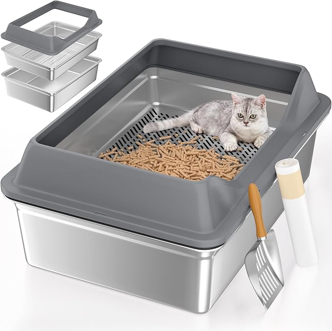 28''L×20''W×10''H XXXL Stainless Steel Sifting Litter Box with Lid,Sifting Cat Litter Box for Wood Pine Pellets,High Sides Sifter Litter Pan System,Odor Control,Easy to Clean,with Liners and Scoop