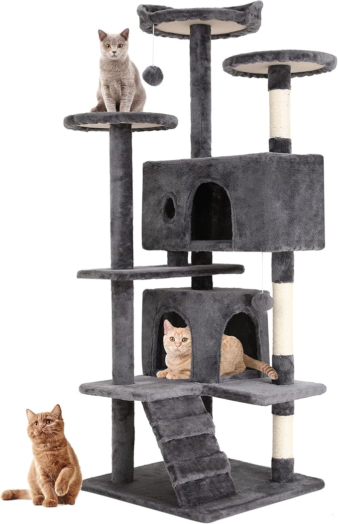 BestPet | 54" Cat Tree Tower | Light Gray | Sturdy, Easy to Assemble, Multi-Level Activity Center with Sisal Scratching Posts, Condos, Perches, Hanging Cat Toys, Observation Decks & Ladder
