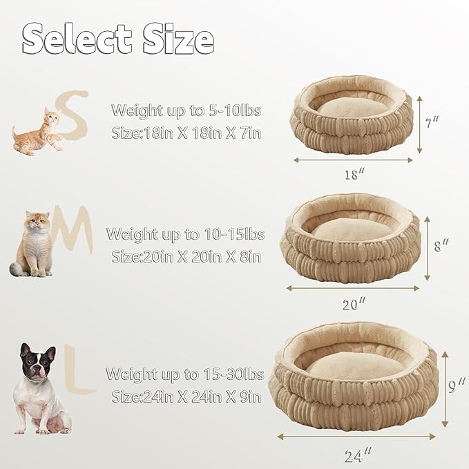 Cat Beds for Indoor Cats,Kitten Bed,Dog Bed for Extra Small Dogs Breeds,Puppy Kennel Bed, Comfy Durable Pet Sleeping Bed, Washable Roun Cat Beds & Non-Slip Bottom, Beige 18" L x 18" W x 7" Th