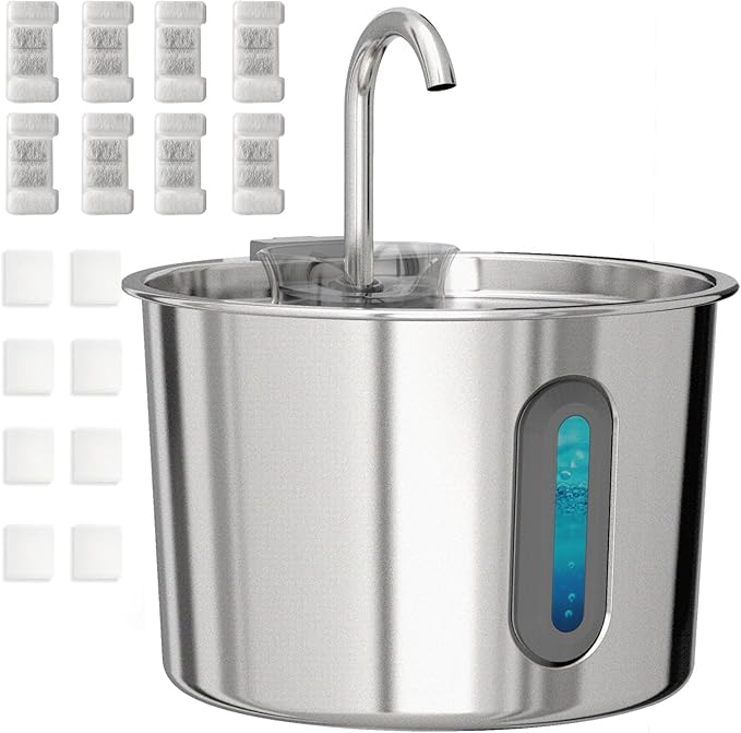 Cat Water Fountain, 74oz/2.2L Cat Fountain for Drinking - Pet Water Fountain Stainless Steel for Cats Inside - Quiet Water Bowl Dispenser - Kitty Drinking Fountains - 8 Filters + 8 Sponges