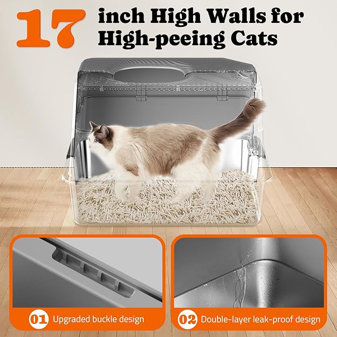Pawtners Stainless Steel Cat Litter Box, XL Extra Large Enclosed Kitty Litter Pan, Front Entry Top Exit Hooded Metal Cat Toilet for Odor Control with Removable Lid & Scoop, Anti-Leakage, Easy to Clean