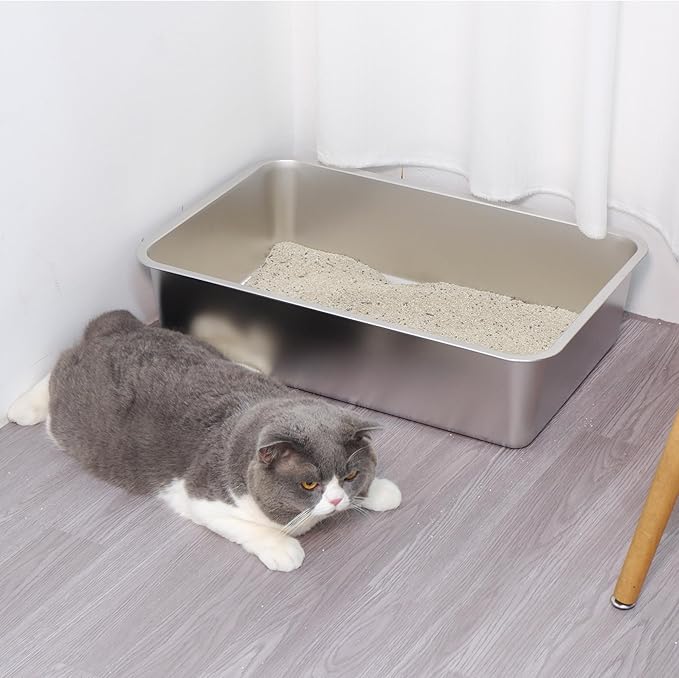 Stainless Steel Cat Litter Box-6" High Side Metal Litter Box,XLarge Stainless Steel LitterBox,Cat LitterBox for Big Cats or Rabbit,Puppy,Non Stick, No Smell, Easy to Clean