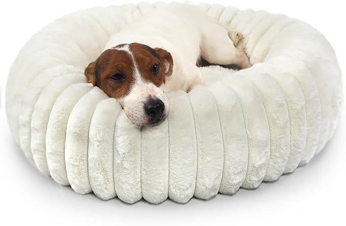 Donut Small Dog Bed Washable - Dog Beds for Small Dogs and Cats with Corduroy Fleece & Anti Slip Bottom, Calming Round Faux Fur Cute Pet Bed for Puppy Kitten, Cream, 23x23x6 inches