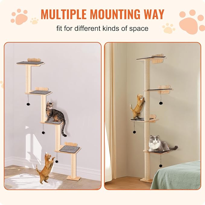 VEVOR 4 Tiers Cat Wall Furniture Set with 4 Jumping Boards, Wall-Mounted Cat Floating Shelf up to 40 lbs, 12 mm Pine Wood Perch for Sleeping, Playing, and Climbing