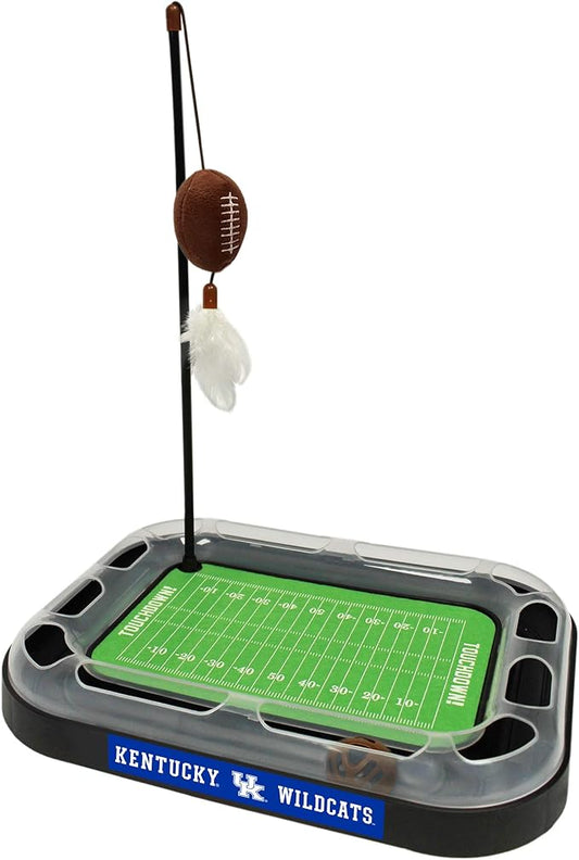 Pets First NCAA Kentucky Wildcats Football Field CAT Scratcher with Catnip Filled Plush Football & Feather Cat Toy Hanging, with Jingle Bell Interactive Ball Cat Chasing 6-in-1 Best Kitty Toys
