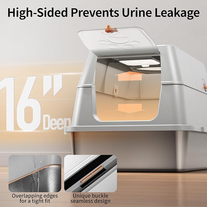 Stainless Steel Cat Litter Box with Lid, 180° Flip-Top XL Extra Large Enclosed Litter Box, Covered Metal High Sided Litter Pan with Steps & Scoop, Easy Cleaning, Odor Control, Non-Sticky-Grey