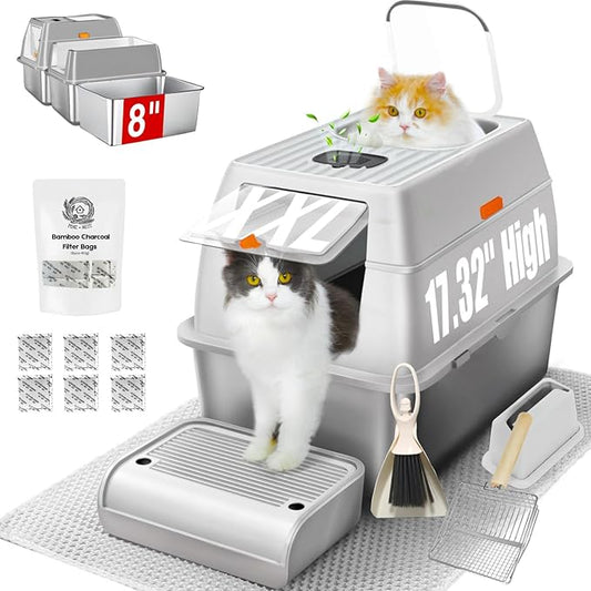 Fully Enclosed XXL Stainless Steel Litter Box with Lid, 8” Deep Pan, Large Stainless Steel Cat Litter Box for Big Cat with Scoop, Step Board, Mat, Brush, Odor-Free, Anti-Leak, Non-Stick (Light Gray)