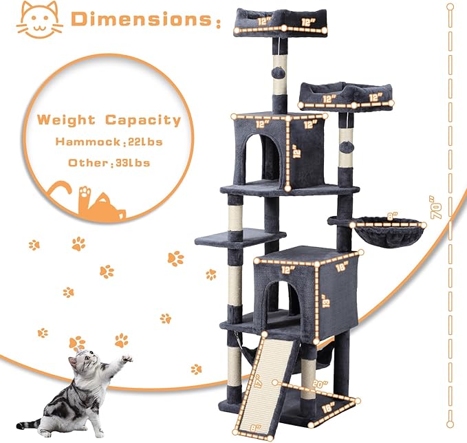 Cat Tree, 70-Inch Cat Tree Tower with Hammock, Scratching Post, Condo and Multi-Level Cat Tower, Large Cat Activity Center Playhouse, Dark Gray LCT015