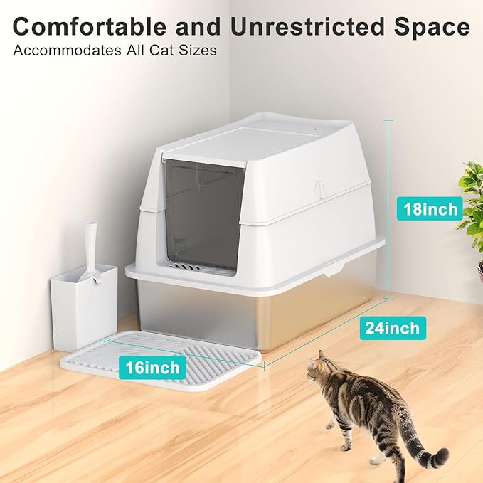 Stainless Steel Litter Box with Lid, XL Extra Large Metal Cat Litter Boxes for Big Cats Enclosed, Easy to Scoop with Litter Scoop Set, High Sides Enclosure Anti-Urine Leakage Non-Sticky