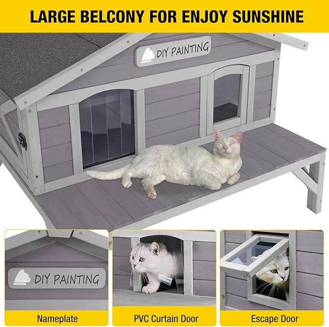 Aivituvin Outdoor Cat House, Large Weatherproof Roof, 100% Wooden, Outside Feral Cat Shelter for Winter