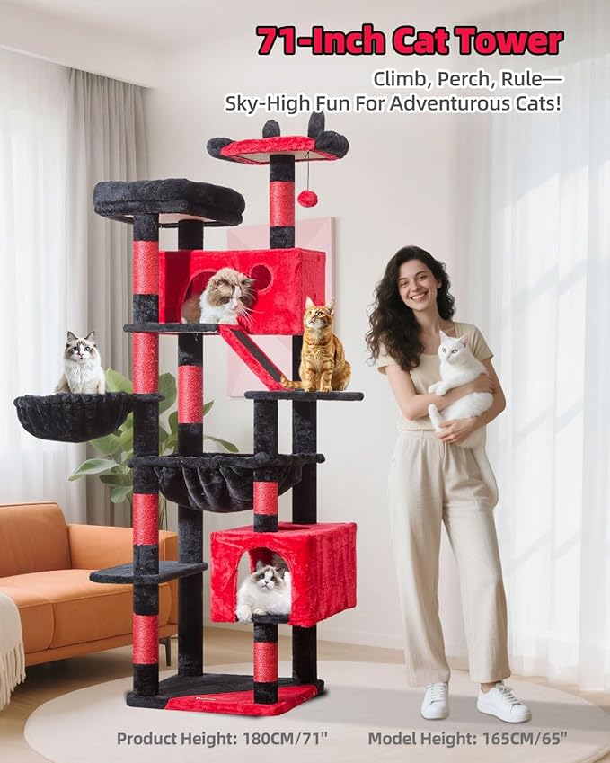 Taoqimiao Cat Tree 71-Inch, Cat Tower for Indoor Cats Large Adult, Multi-Level Large Cat Condo, 8 Sisal Scratching Posts, Metal Frame Cozy Hammock, Scratch Board, 2 Top Perches, Jelly Pink MS026LP