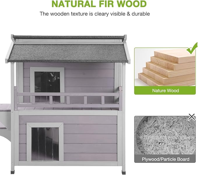 GUTINNEEN Cat House Outdoor Indoor, 2 Story Feral Cat Shelter with Escape Door, Wooden Stray Cat Home with Large Balcony, Weatherproof