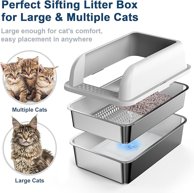 23.6''x16''x12'' Enclosed Stainless Steel Litter Box with Lid, XL Sifting Litter Box for Pine Pellets, High Sides Metal Litter Box System for Big Cats, Anti-Leakage, Easy Cleaning, Less Tracking