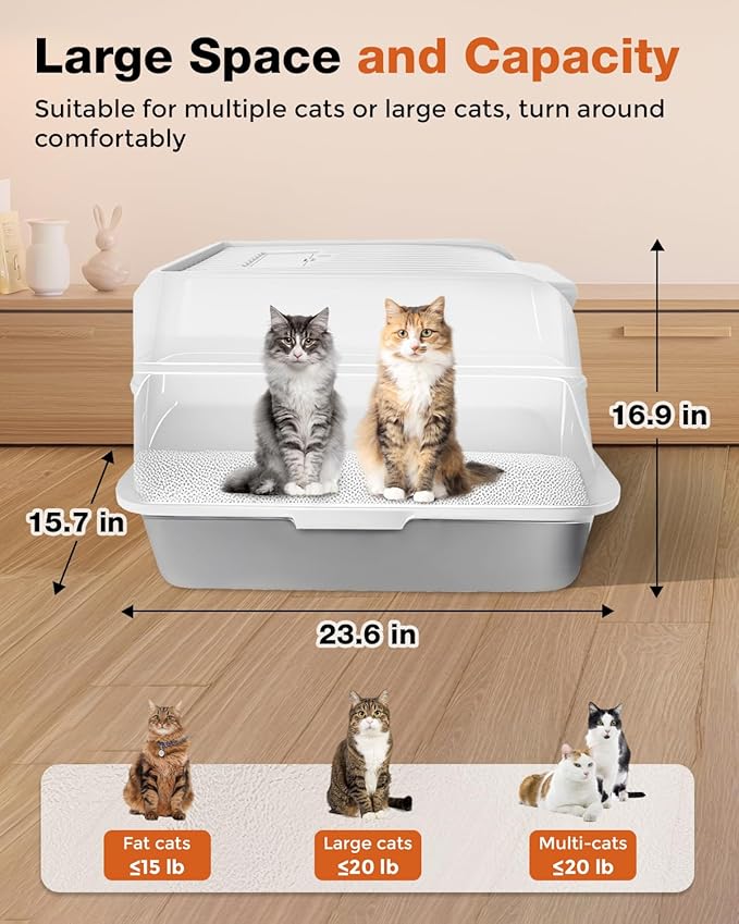 Stainless Steel Litter Box with Lid - Extra Large Cat Litter Boxes for Big Cats with Mat & Scoop - Anti-Leakage, Odor-Proof, High-Sided, Non-Stick& Easy to Clean - Ideal for Multi-Cat Homes - White