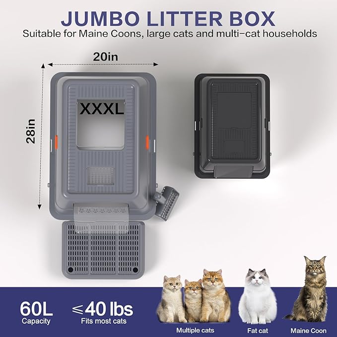 XXXL Stainless Steel Litter Box with Lid,Extra Large 28"L*20"W*18.1"H Metal Cat Litter Boxs,Jumbo Enclosed Removable Litter Box High Sides For Big Cats,with Cat Litter Scoop, Leak-Proof, Easy to Clean