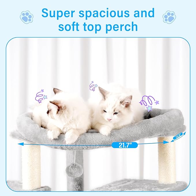 Hey-brother Cat Tree, 70.8 Inches Multi-Level Cat Tree Tower for Large Cats, Heavy Duty Cat Tower with Cat Condo,Baskets, Cat Scratching Posts, Big Hammock and Food Bowls, Light Gray MPJ036W