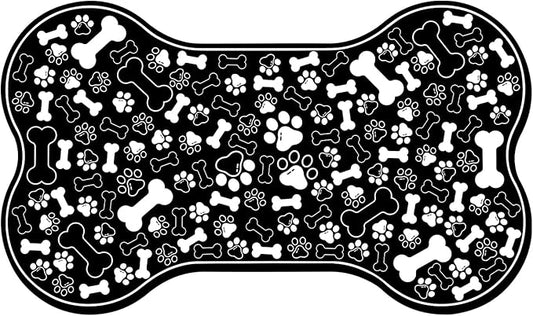 Dog & Cat Food Mat Bone Shaped Pet Feeding Mat Quick Absorb Water Bowl Placemat with Rubber Backing Indoor Floor Stain Resistant Pet Accessory Supplies (Black, 17x29 Inches)